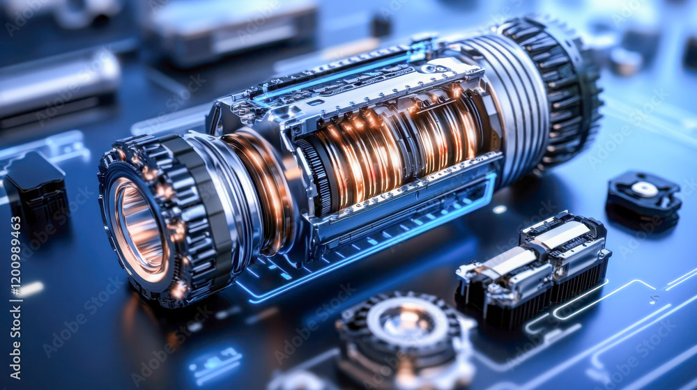 Aufkleber advanced electric motor components displayed on a circuit board with intricate detailing and vibrant