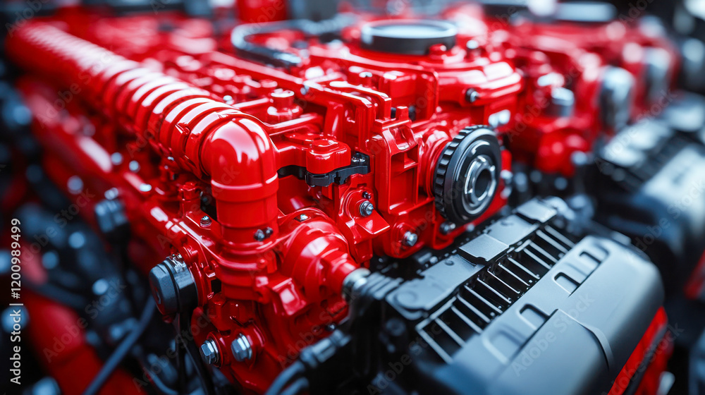 Poster vibrant red engine components showcasing intricate design and engineering excellence in a mechanical