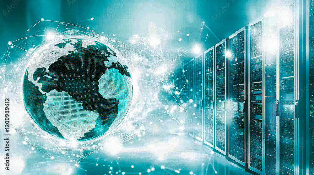 Poster digital network concept showcasing a global perspective with server racks and a connected earth illu