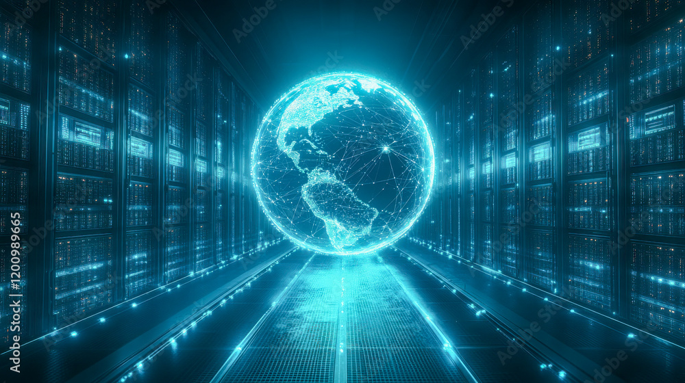 Poster digital global network with illuminated earth in server room showcasing modern technology and data c