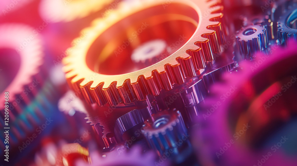 Aufkleber close-up view of colorful gears interlocking in a complex mechanical assembly during a bright lighti