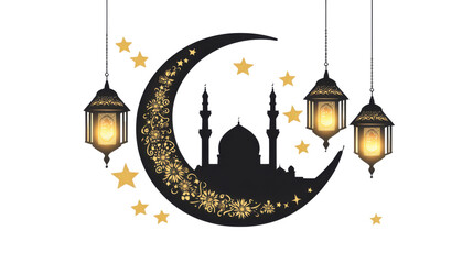 Obraz premium Ramadan holy month with lantern and cresent in the night isolated on white background 