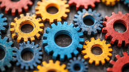Colorful gears scattered on a textured surface create an engaging display of mechanical artistry and design elements in various sizes