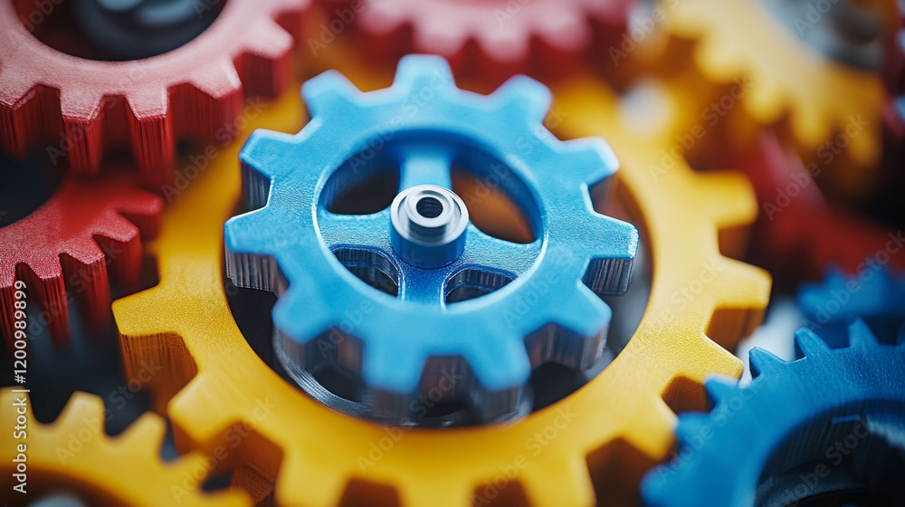 Poster colorful gears interlocking in a mechanical assembly showcasing engineering design and creativity in