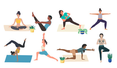 diverse individual performing different yoga poses mat mindfulness flexibility healthy lifestyle personal trainer workout wellness exercise vector illustration