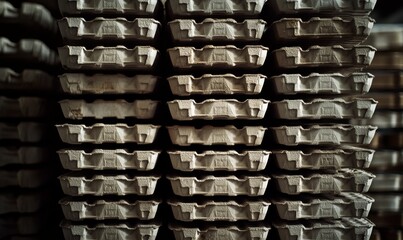 Stacked gray cardboard egg cartons, textured surface.