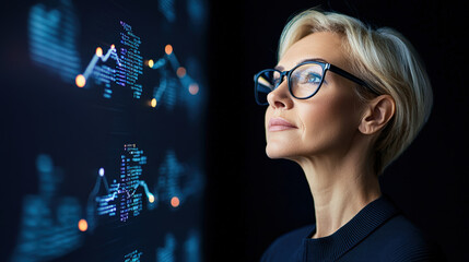 A thoughtful woman in glasses gazes at digital data visualizations, reflecting insights and analytics in a modern environment.