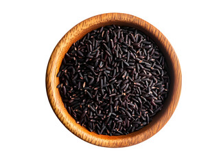 Extreme top view of hyperrealistic uncooked black rice in a wooden bowl isolated on a white transparent background