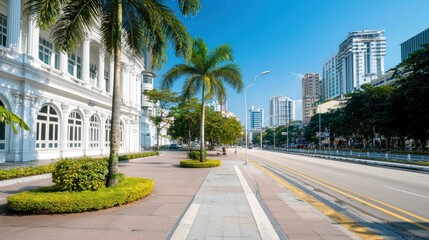 City Street with Palm Trees and Modern Buildings