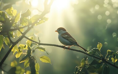 Obraz premium A small sparrow on a branch with soft morning sunlight shining through, creating a tranquil atmosphere