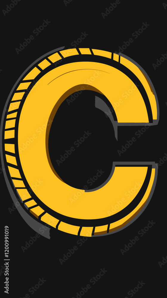 Poster yellow tire font letter c vector design with minimalist style on dark background