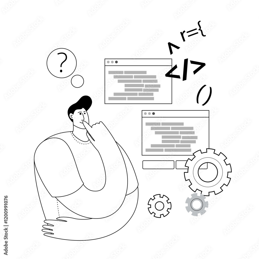 Aufkleber a developer looks thoughtfully at his code and searches for an error. vector illustration on the top