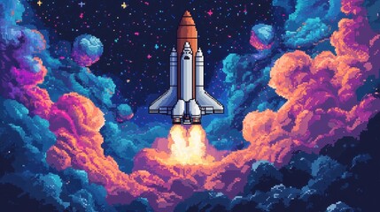 Naklejka premium Spacecraft Ascending Through Vibrant Cosmic Clouds