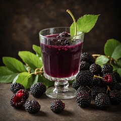 A mulberry juice with fresh mulberries around it.