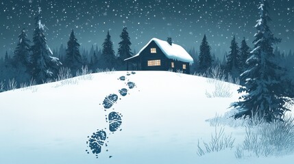 Winter Cabin Snow Footprints Night Forest Scene