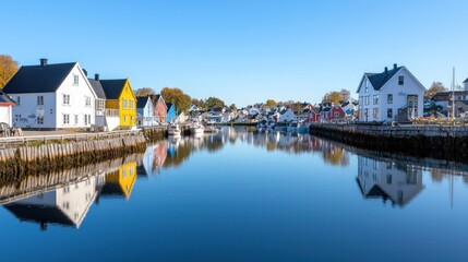 Fototapeta premium Serene harbor scene with colorful houses reflecting in calm water.