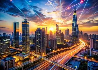 Obraz premium Cityscape Dusk: Tech Innovation & Business Growth Stock Photo