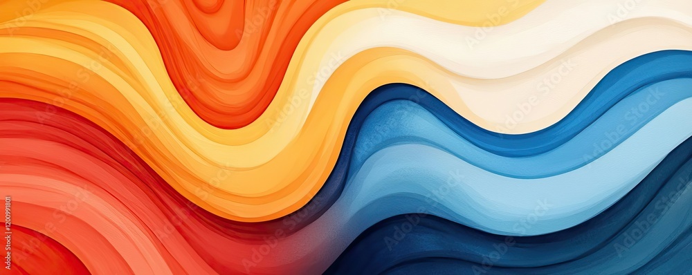 Poster Playful watercolor concept. Colorful abstract wave patterns creating a vibrant and dynamic background.