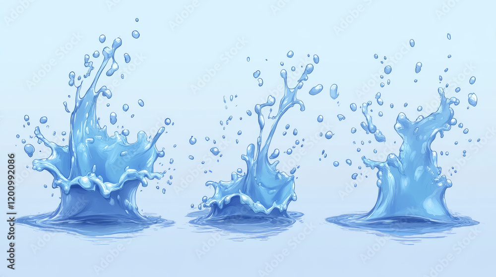 Poster cartoon water splash effects depict fluid dynamic splashing, droplets and ripples in motion. isolate