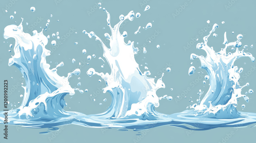 Poster cartoon water splash effects depict fluid dynamic splashing, droplets and ripples in motion. isolate