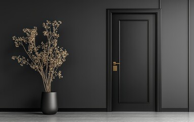 Fototapeta premium A stylish black-painted interior door with sleek metal hardware, set against a minimalistic background