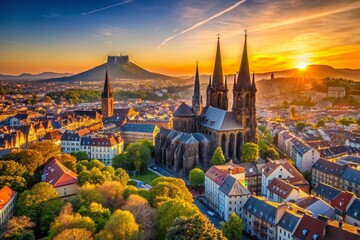 Clermont-Ferrand Aerial Cityscape: Cathedral & Mountains at Sunrise