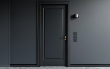 A stylish black-painted interior door with sleek metal hardware, set against a minimalistic background