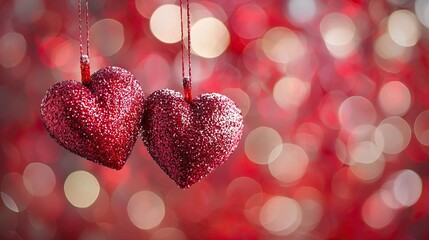 Fototapeta premium Glittery Red Hearts Against a Shimmering Background
