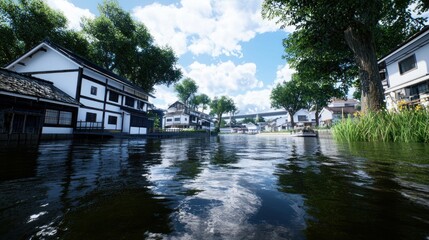 Obraz premium Peaceful Village Canal Scene