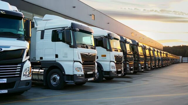 Row of modern heavy-duty trucks with sleek white exteriors parked outside warehouse at sunset, highlighting freight transport and logistics. ideal for marketing in transportation and warehousing.