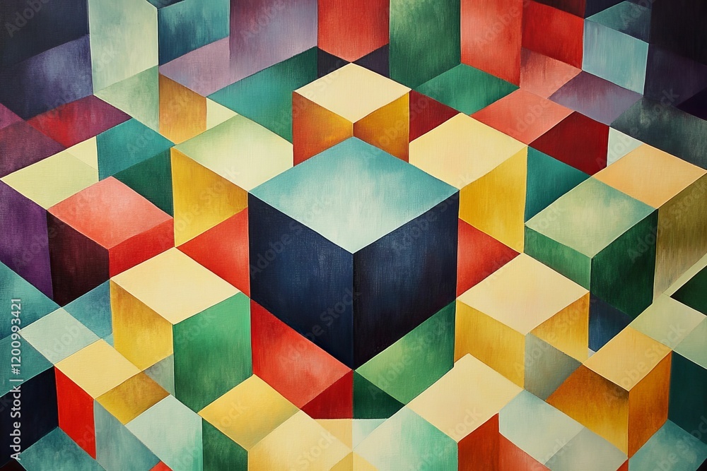 Poster geometric cubes with varied colors create a pattern.