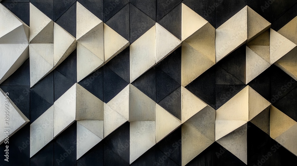 Poster black and white geometric triangles create a dimensional pattern.