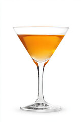Elegant cocktail in a classic martini glass, featuring a vibrant orange hue, perfectly captured against a pure white background.