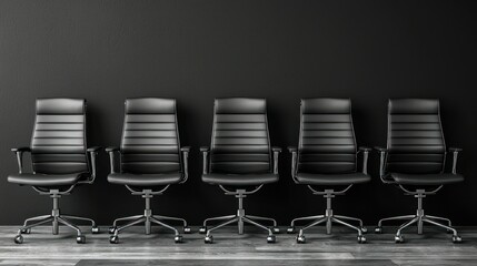 Five black office chairs, dark room, meeting, presentation