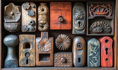 Intricately carved wooden blocks in a box.