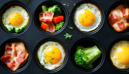 Protein breakfast egg muffins with bacon and vegetables. High protein muffins for ketogenic or paleo diet, close up.Protein breakfast egg muffins with bacon and vegetables. 