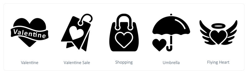 A set of 5 valentine's day icons as  valentine, valentine sale, shopping