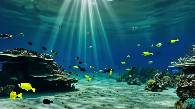Sunbeams illuminate vibrant coral reef, tropical fish swim, underwater ocean scene, marine life