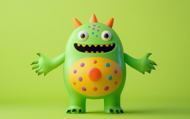 Fototapeta premium Playful green and orange 3D monster with a visible belly button, round tummy, and rainbow polka dots, placed on a pastel lime background