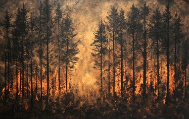 Obraz premium A wall of fire burning through tall pine trees, with charred branches and heavy smoke