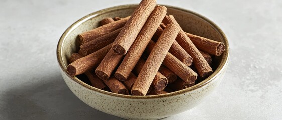 Cinnamon sticks bundle. Bowl of cinnamon sticks arranged neatly for culinary use.