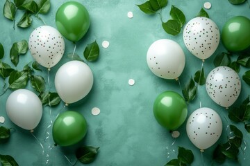 Green And White Balloons With Confetti And Leaves