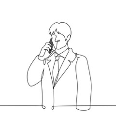 businessman talking on the phone - one line art vector. concept man in tie and jacket standing holding phone to ear
