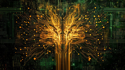 A futuristic of the nervous system, blending biological structures with digital circuitry