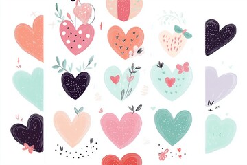 Colorful heart illustrations featuring various designs, shapes, and patterns