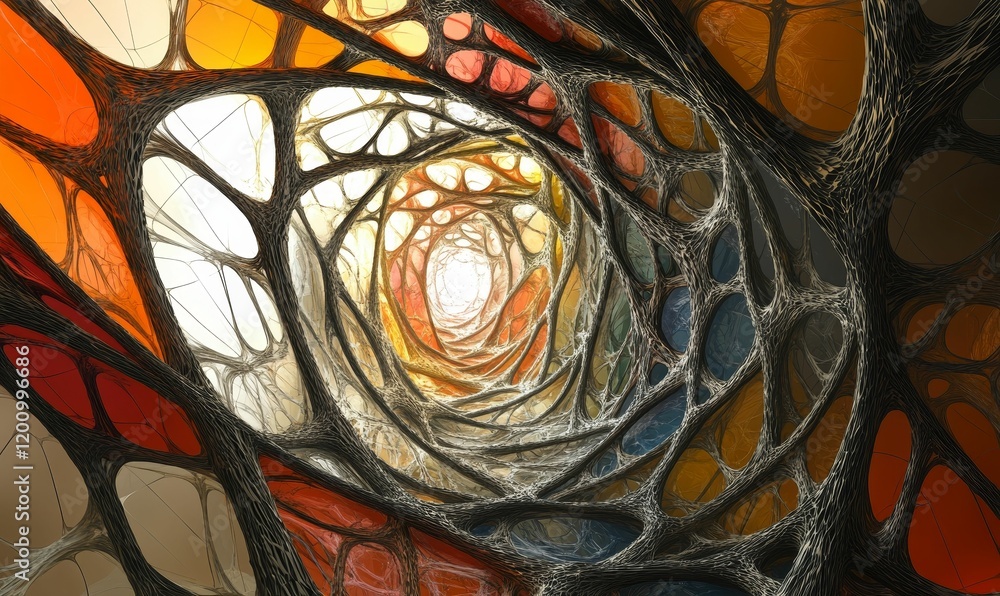 Poster abstract web with colored areas, tunnel like perspective.