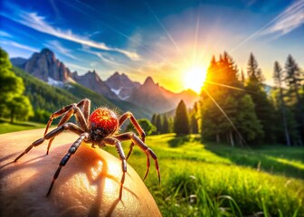 Close-up of Spider Bite on Skin, Nature Background, Landscape Photography