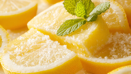 Pieces of delicious homemade lemon cheesecake with slices of lemon and mint on plate close up