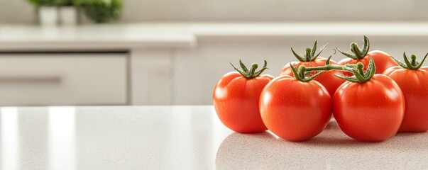 Shiny tomatoes cluster. Fresh red tomatoes arranged on a kitchen countertop.