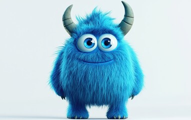 Obraz premium funny Fluffy bright monster with horns and big blue eyes, cartoon charachter standing on a bright white background